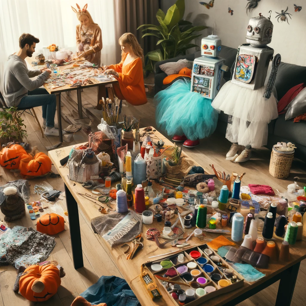 Une famille qui travaille sur la confection de leurs déguisements de Halloween
