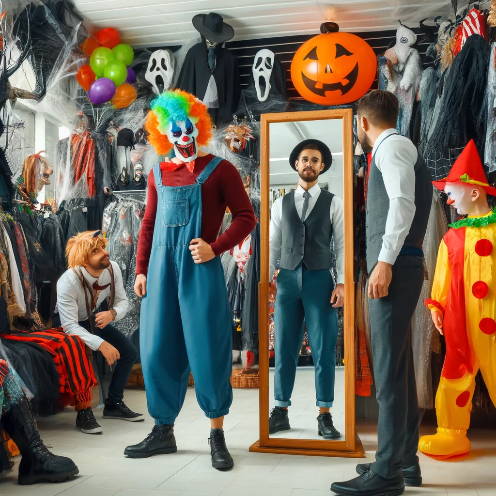 Une pièce remplie de déguisements avec un homme qui se regarde dans le miroir et un autre déguisé en clown de halloween