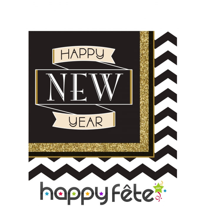 16 Serviettes Happy New Year noir et or