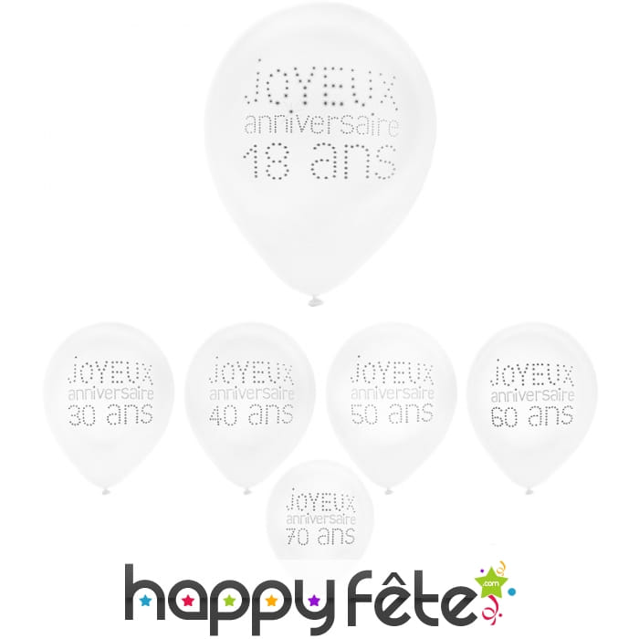 8 Ballons blancs d'anniversaire avec âge imprimé