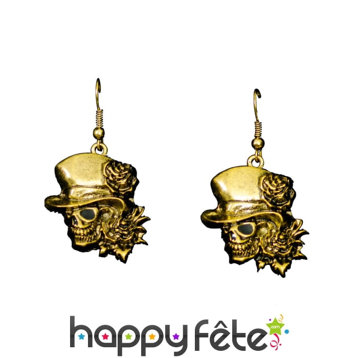 Boucles d'oreilles dorées crane avec chapeau