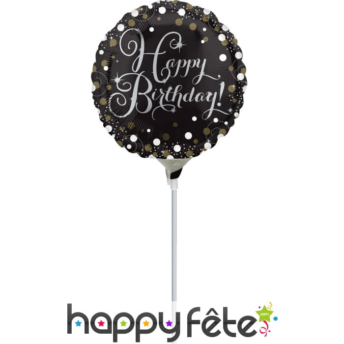 Ballon rond Happy Birthday noir argent chic, 23 cm