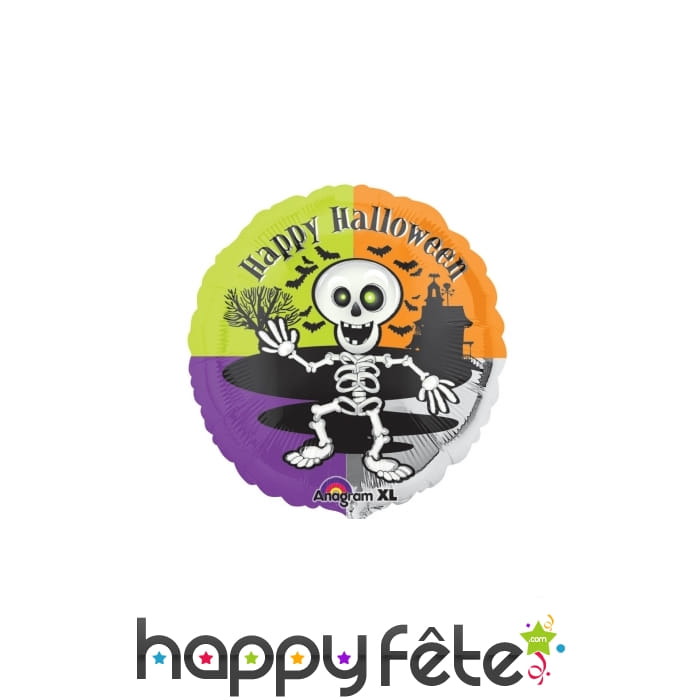 Ballon rond Happy Halloween squelette de 45cm