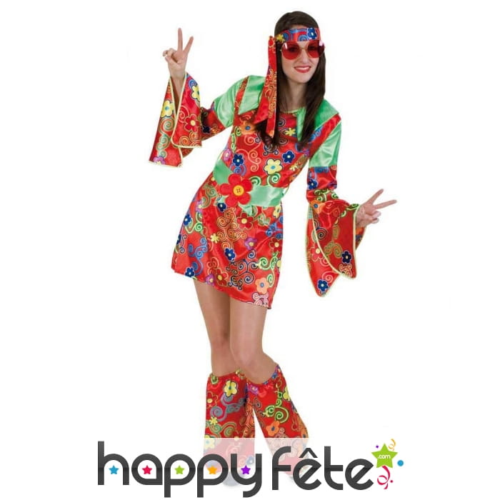 Cosume de hippie robe courte à fleurs rouges