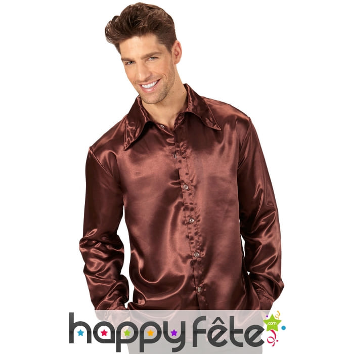 Chemise marron satinée disco pour homme