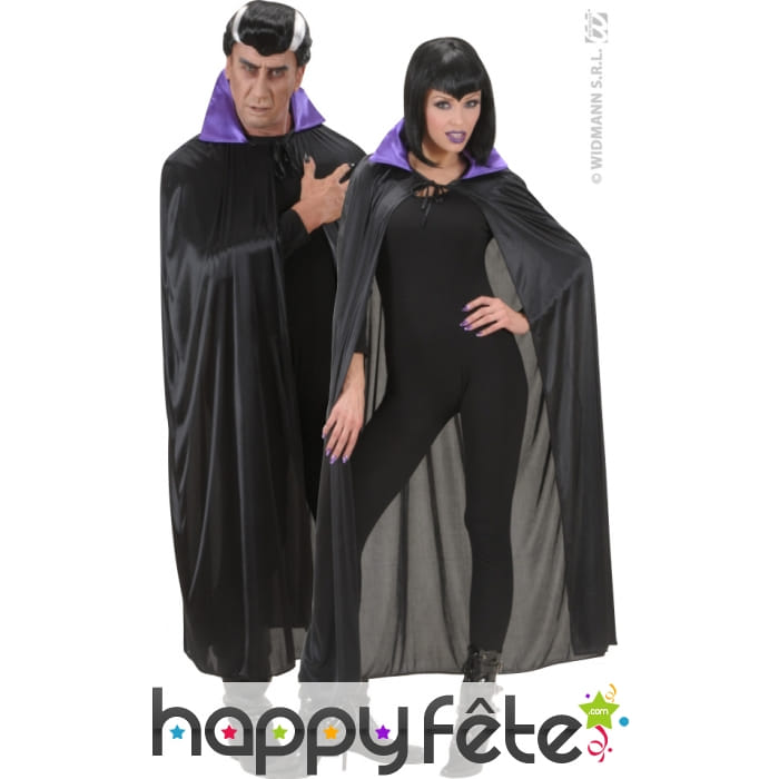 Cape satin noire col violet adulte