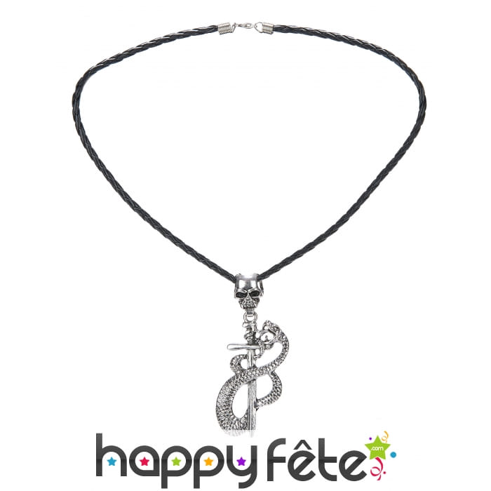 Collier tressé pendentif serpent et épée