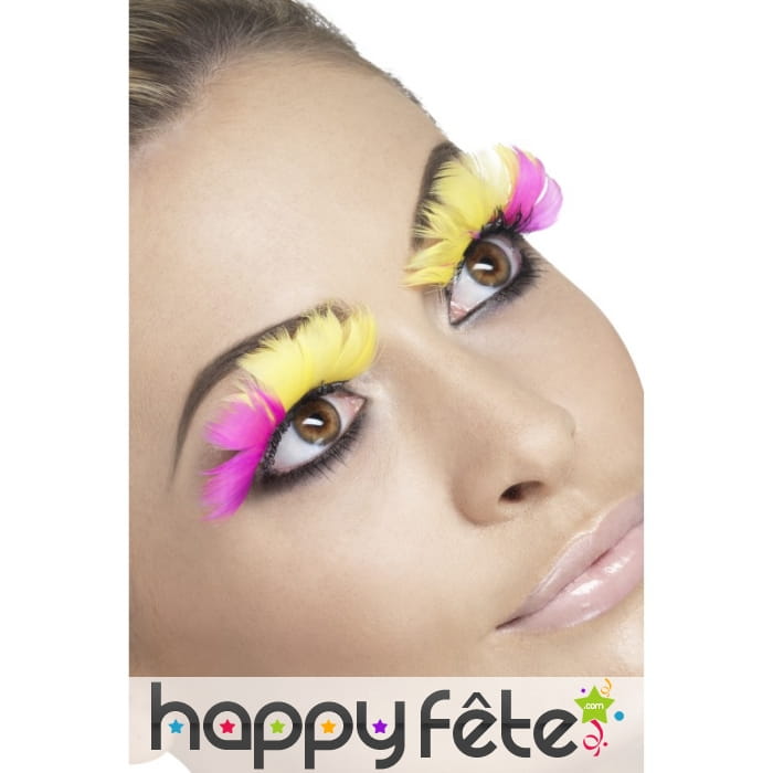 Faux cils plumes jaune/rose