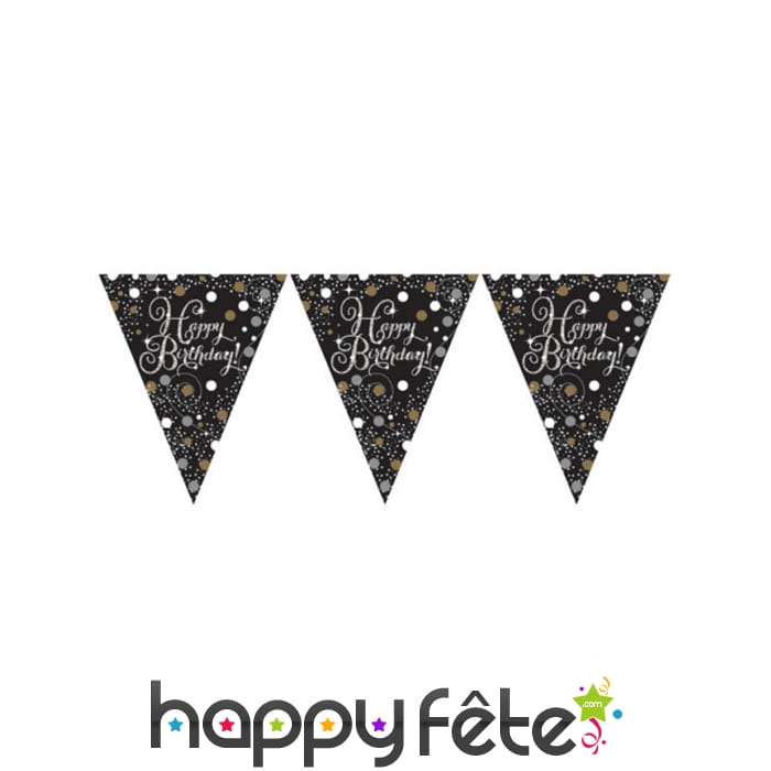 Guirlande de fanions argent et noir Happy Birthday