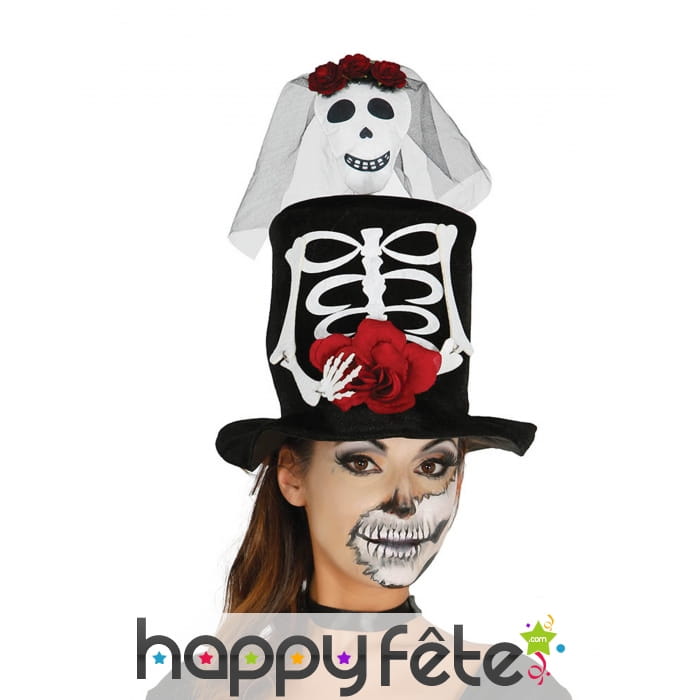 Haut de forme Dia de los Muertos mariée squelette