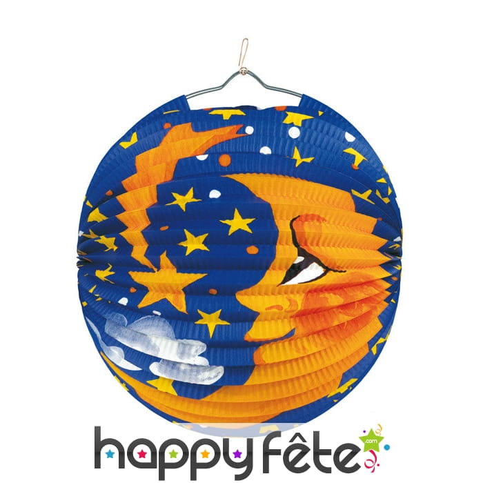 Lampion boule imprimé lune sur fond bleu 28cm