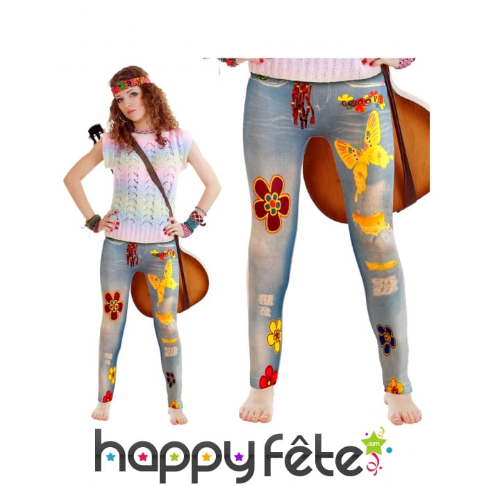 Legging motif jean fleuri style hippie, adulte