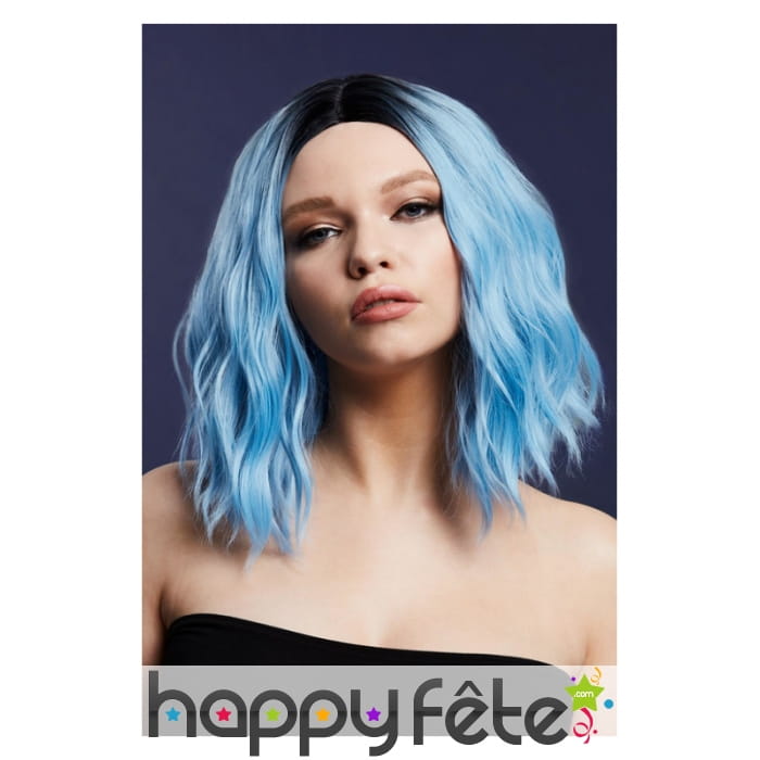 Perruque bleue wavy avec racines noires mi longue