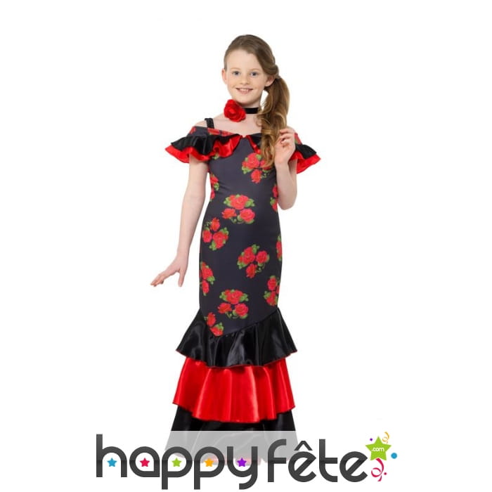 Robe de petite danseuse de flamenco noir rouge