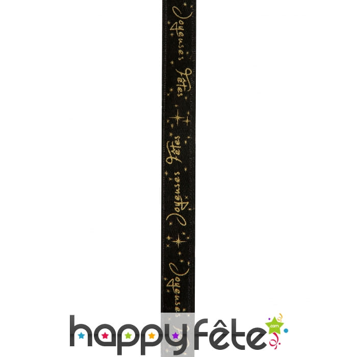 Ruban noir Joyeuses fêtes doré de 1cm x 5m