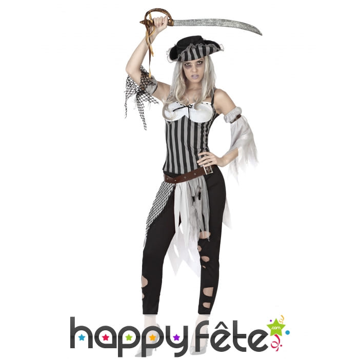 Tenue de piratesse zombie lignée noire blanc