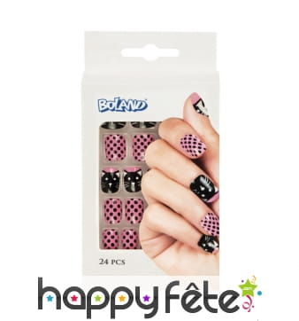 24 faux ongles motif chat, rose noir