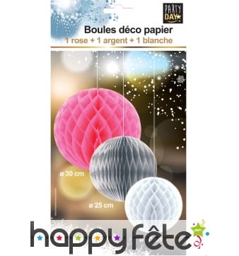 3 boules de papier à suspendre rose argent blanc