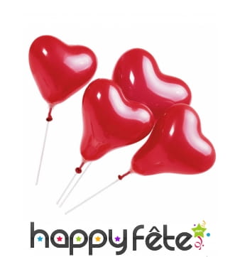 5 ballons rouges en forme de coeur sur tige, 20 cm