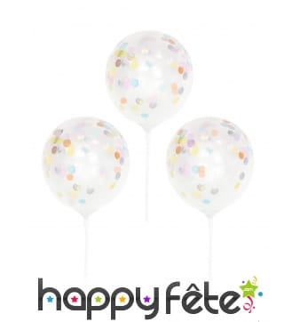 5 petits Ballons confettis transparents sur tige