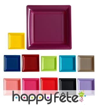 Assiettes carrées en plastique coloris uni