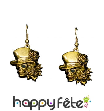 Boucles d'oreilles dorées crane avec chapeau