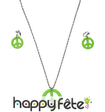 Boucles d'oreilles et collier vert peace and love