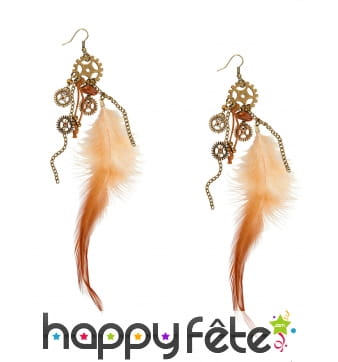 Boucles d'oreilles Steampunk plumes et engrenages