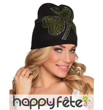 Bonnet St Patrick noir avec trèfle brillant adulte