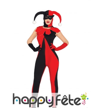 Costume d'arlequin bicolore rouge et noir femme