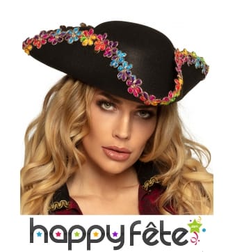 Chapeau de pirate noir avec fleurs colorées