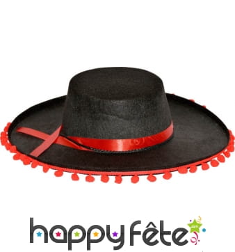 Chapeau espagnol adulte noir avec pompoms rouge