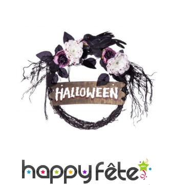 Couronne Halloween noire avec fleurs pour porte