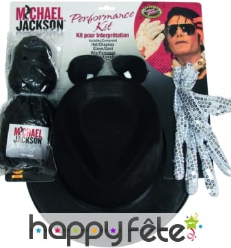 Chapeau michael jackson, perruque, lunettes, gant