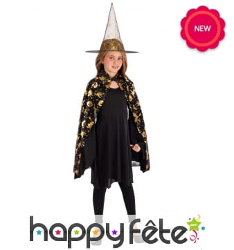 Cape noire or et chapeau de sorcière pour enfant