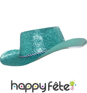 Chapeau plastique de cowboy paillette turquoise