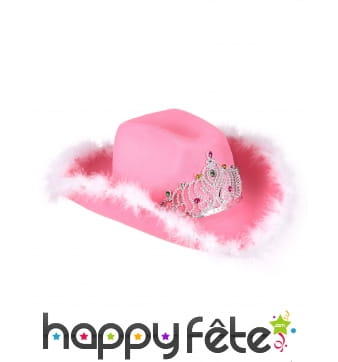 Chapeau rose de cowgirl froufrous blancs