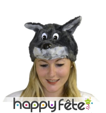 Coiffe tête de loup en peluche