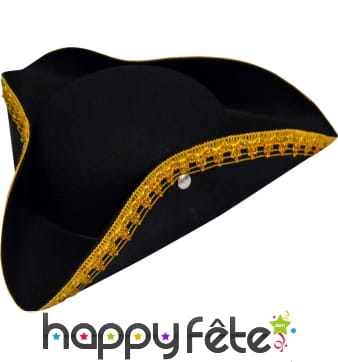 Chapeau tricorne noir bord doré