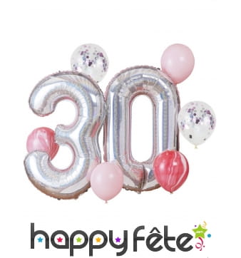 Grands ballons 30 ans avec petits ballons rose