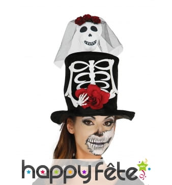 Haut de forme Dia de los Muertos mariée squelette