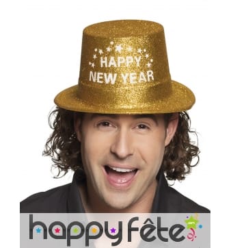 Haut de forme Happy new year doré pailleté, adulte