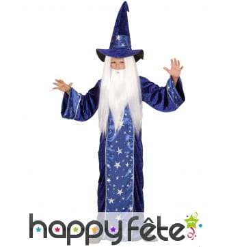 Long costume de magicien bleu étoilé pour enfant