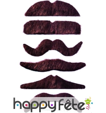 Lot de 12 moustaches chatain fonce auto-adhésives