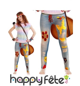 Legging motif jean fleuri style hippie, adulte