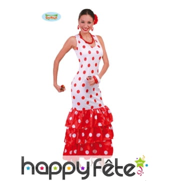 Longue Robe Flamenco Blanche Et Rouge A Pois