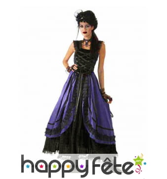 Longue robe gothique noire violette avec dentelles