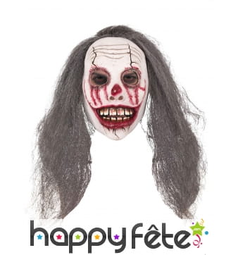 Masque de clown effrayant avec long cheveux gris