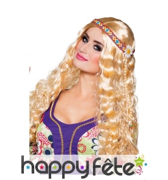 Perruque blonde ondulée avec bandeau hippie