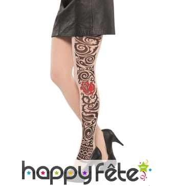 Paire de collants tatoués arabesques et rose